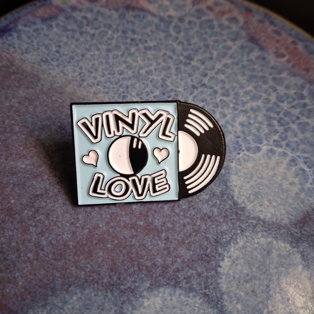 Source Unknown Vinyl Love Blue and Black Enamel Brooch